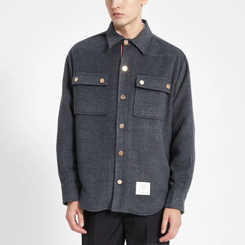 

TB THOM Korean Jackets Autunm Winter Luxury Brand Men's Jacket Loose Wollen Gold Buckle Coats Collar Suit Men Shirt jacket