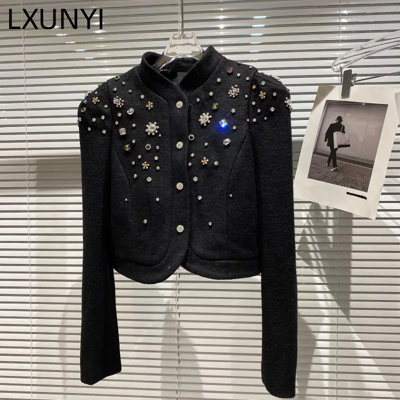 LXUNYI Luxury Rhinestone Woolen Women Coat Korean Fashion Autumn Winter New Long Sleeve Slim Beading Diamond Jacket Black