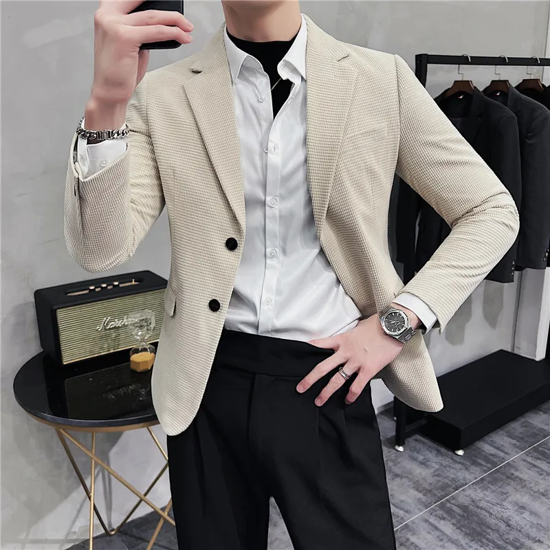 New Waffle Men's Blazers 2022 Spring British Style Business Social Casual Suit Jacket Wedding Office Dress Coats Male Clothing