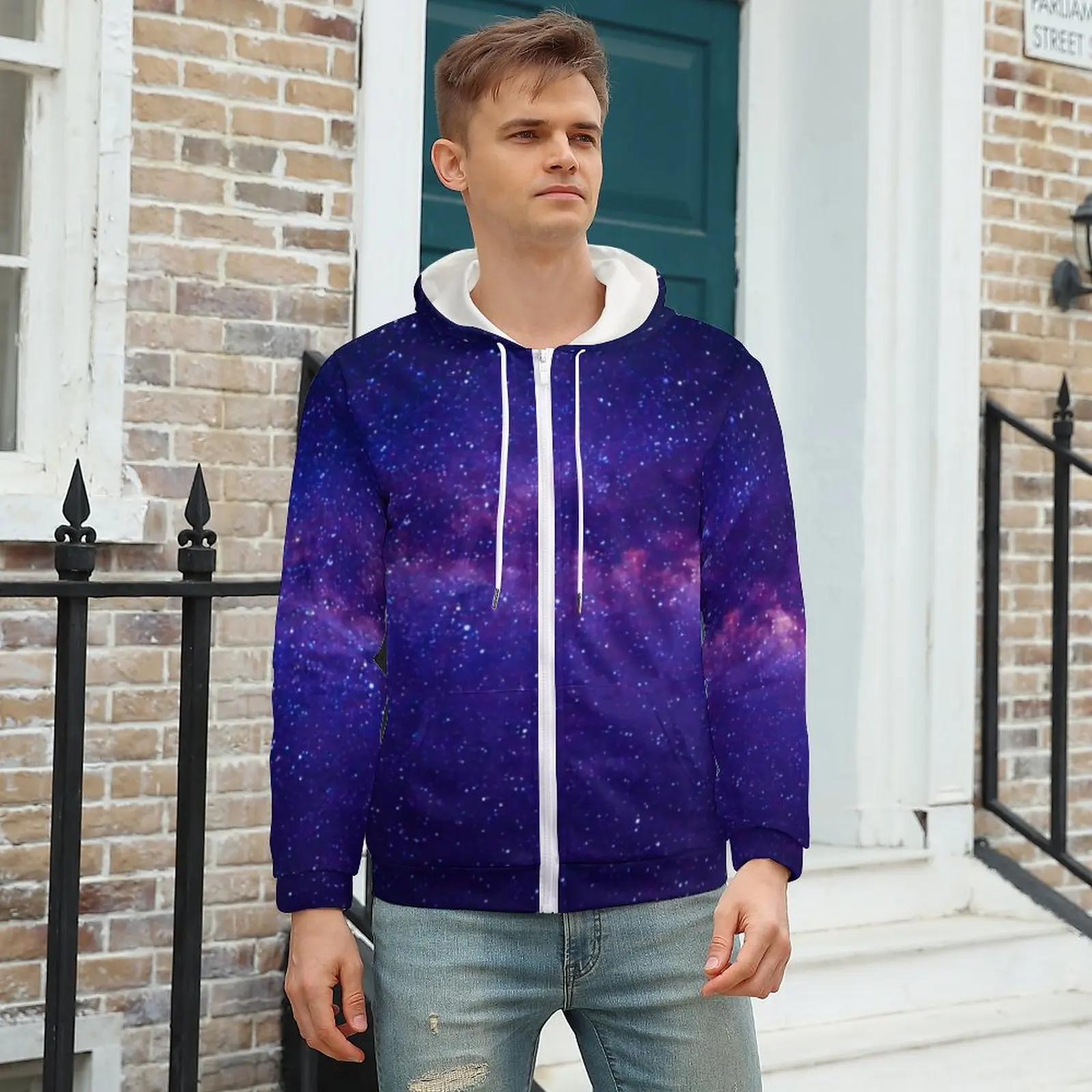 

Galaxy Sky Hoodie Purple Starry Night Print For Man Warm Hoodies Popular Zip Up Hoodie Oversized