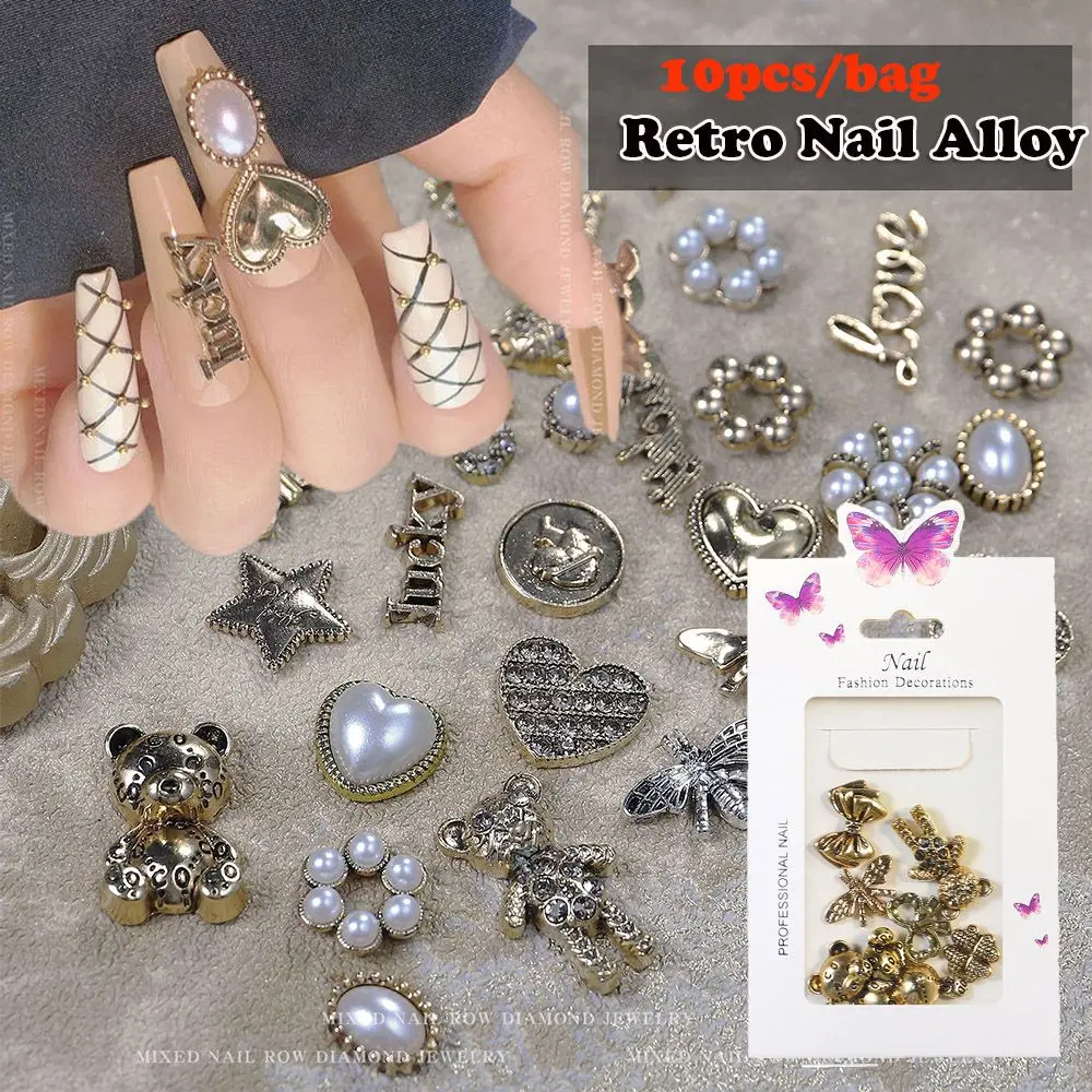 

10pcs/bag New Retro Photo Frame Nail Alloy Bear Peach Heart Five-pointed Star Letter Bow Design Nail Art Decorations