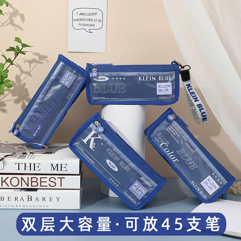 

Japanese Klein Blue Pencil Bag Boys' Stationery Box Double Layer Large Capacity Stationery Bag Junior High School Student Canvas