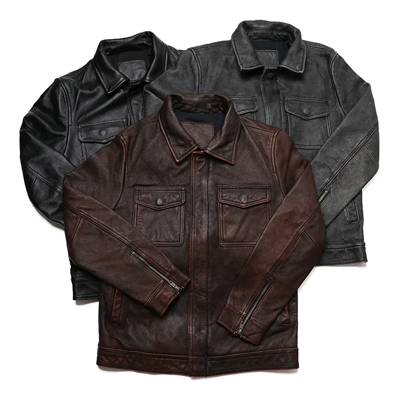 Классическая красно-коричневая винтажная куртка из натуральной кожи для мужчин