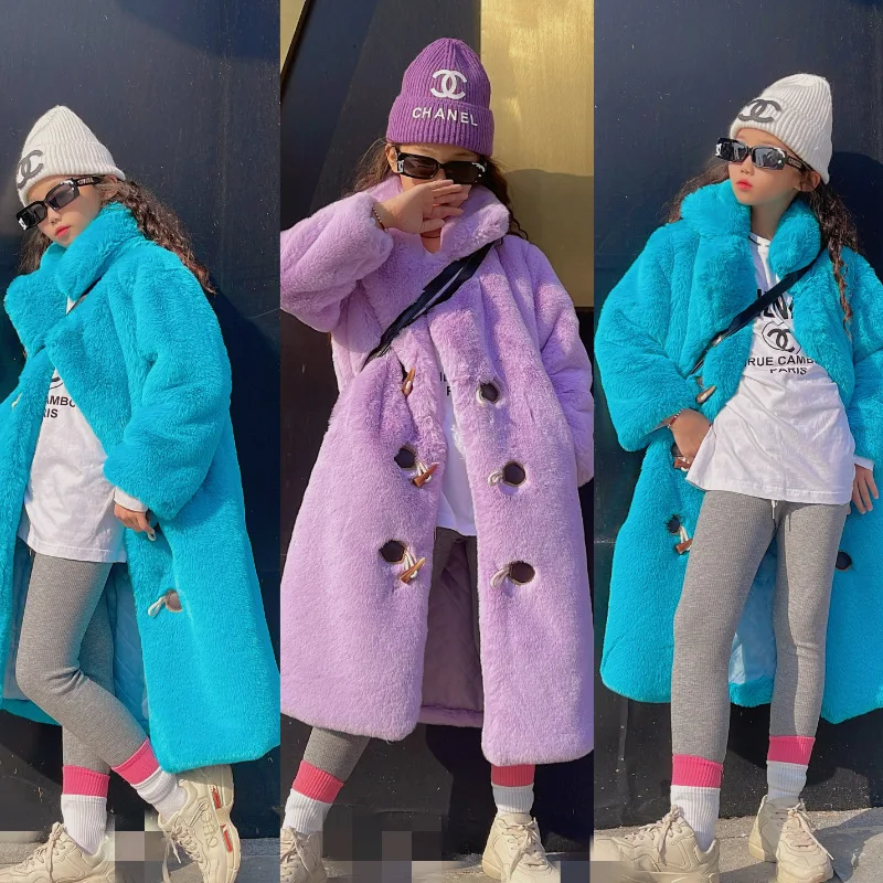 

Girls Cowl Button Lapel Plus Cotton OverCoat Imitation Fur Coat 2022 New Children's Wear Thick Outerwear coat