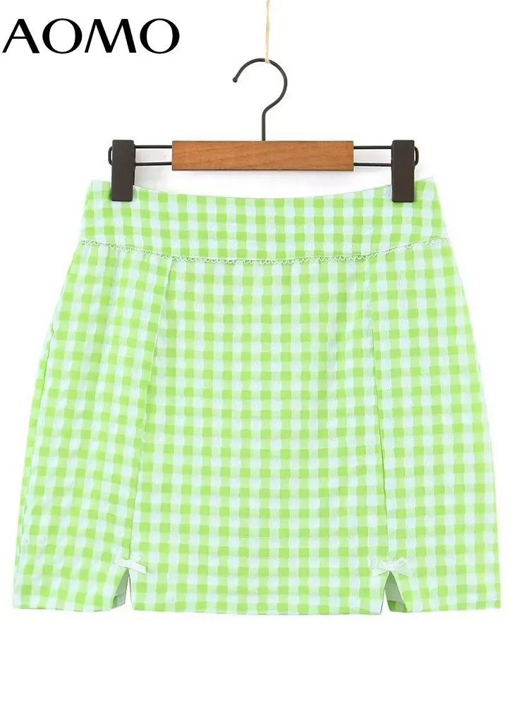 

AOMO women green plaid skirt high waist side zipper ladies fashion skirts 4D56A