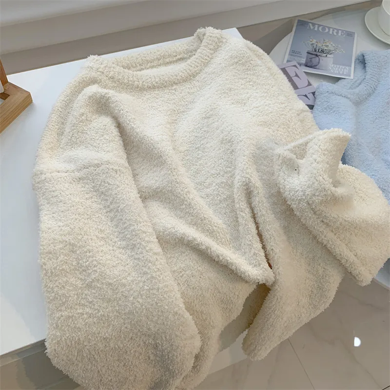 Пуловер из искусственной норки бархатный круглый вырез свитер с длинными