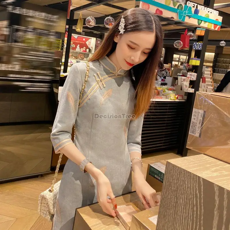 

2023 chinese spring improved women's half sleeve vintage qipao cheongsam dress elegant daily long retro style qipao dress g543