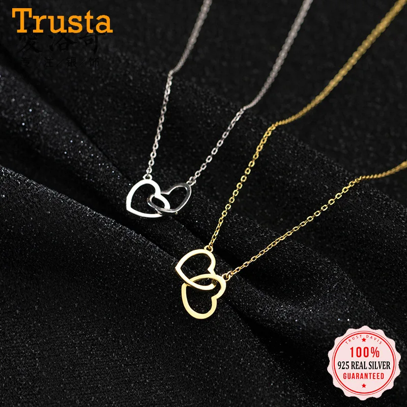 

TrustDavis Real 925 Sterling Silver Fashion Romantic Double Heart Necklace For Women Wedding Valentine's Day Fine Jewelry DB286
