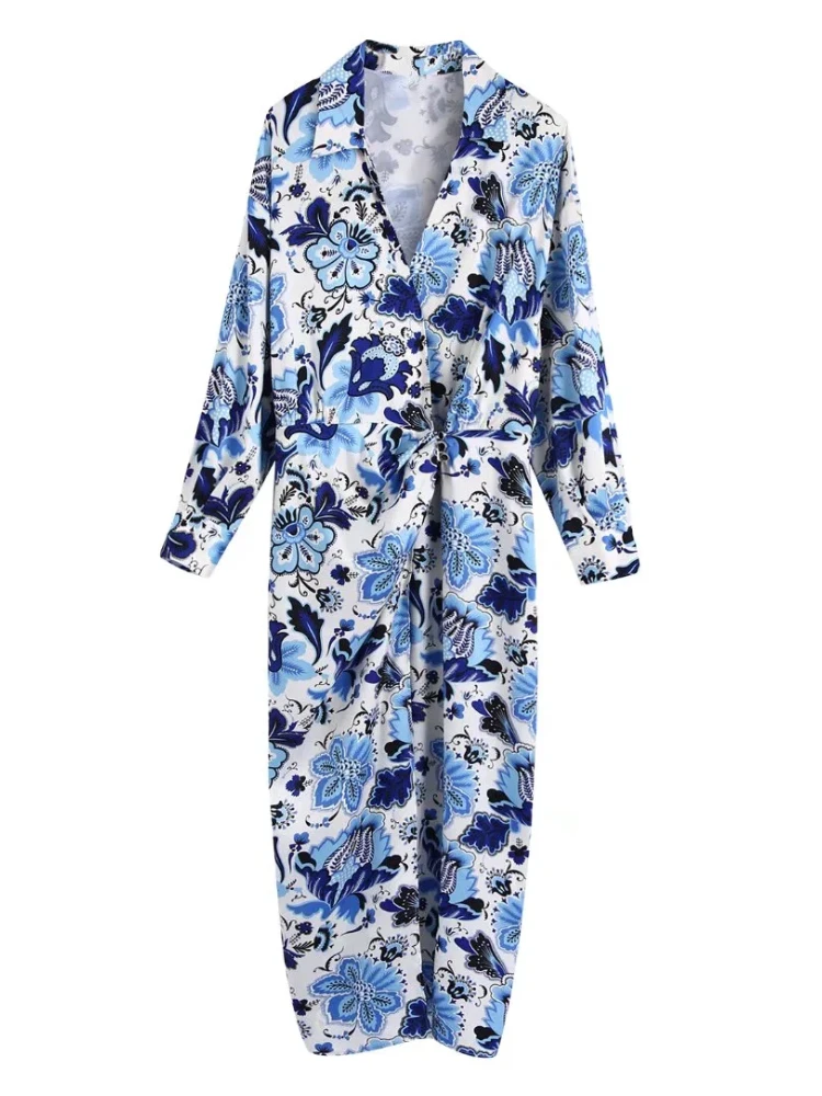 

XEASY Vintage 2022 New Spring Boho Print Women Long Dresses Fashion Female V Neck Long Sleeve Sexy Dress Loose Slim Chic