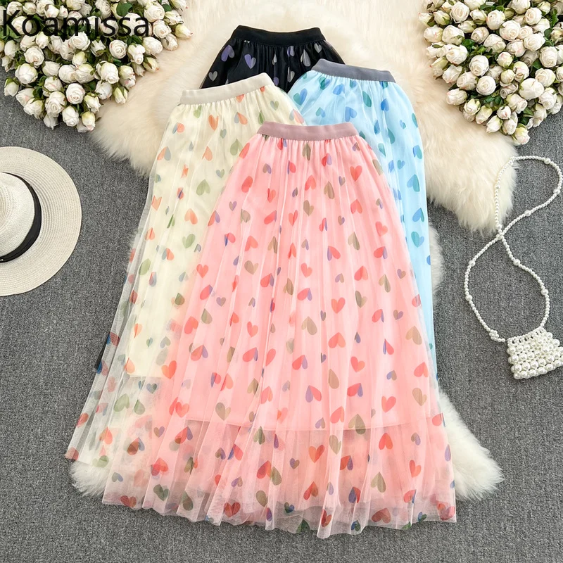 

Koamissa Women Sweet Sweat Love Mesh Skirt Elastic Waist Lady Spring Maxi Swing Floral Pleated Long Skirts Spring Summer Falda