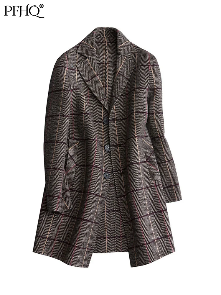 

PFHQ 2022 Autumn Winter Men's Trendy Casual Trench Plaid Woolen Coat Stylish Male Elegant Windbreaker High Quality Jacket 1Q4541