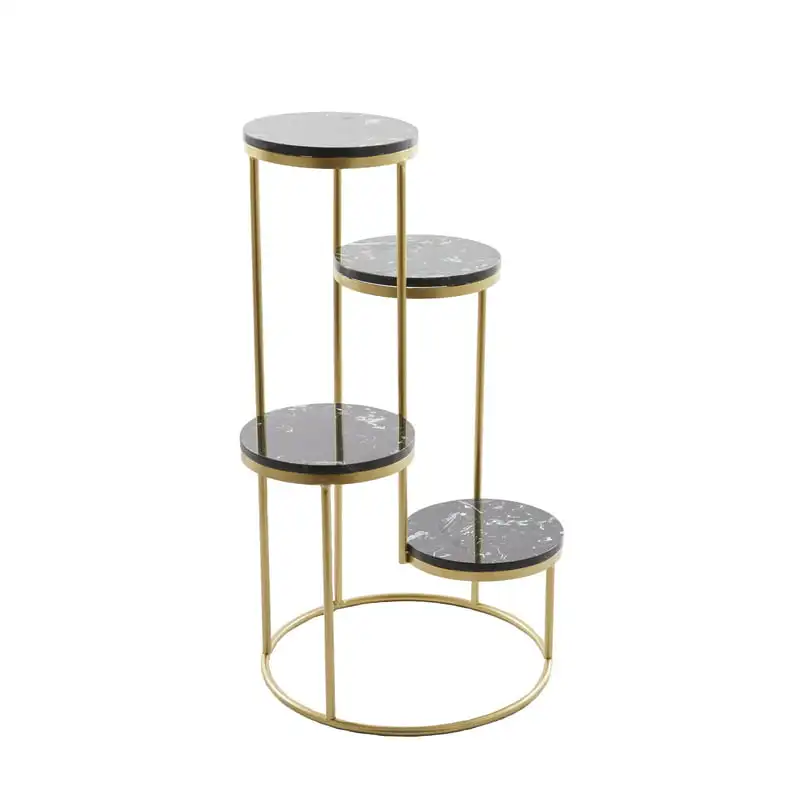 

17" x 17" x 31" 4 Tier Black Marble Plantstand with Gold Base Flower Pot Base Display Stand Home Garden Patio