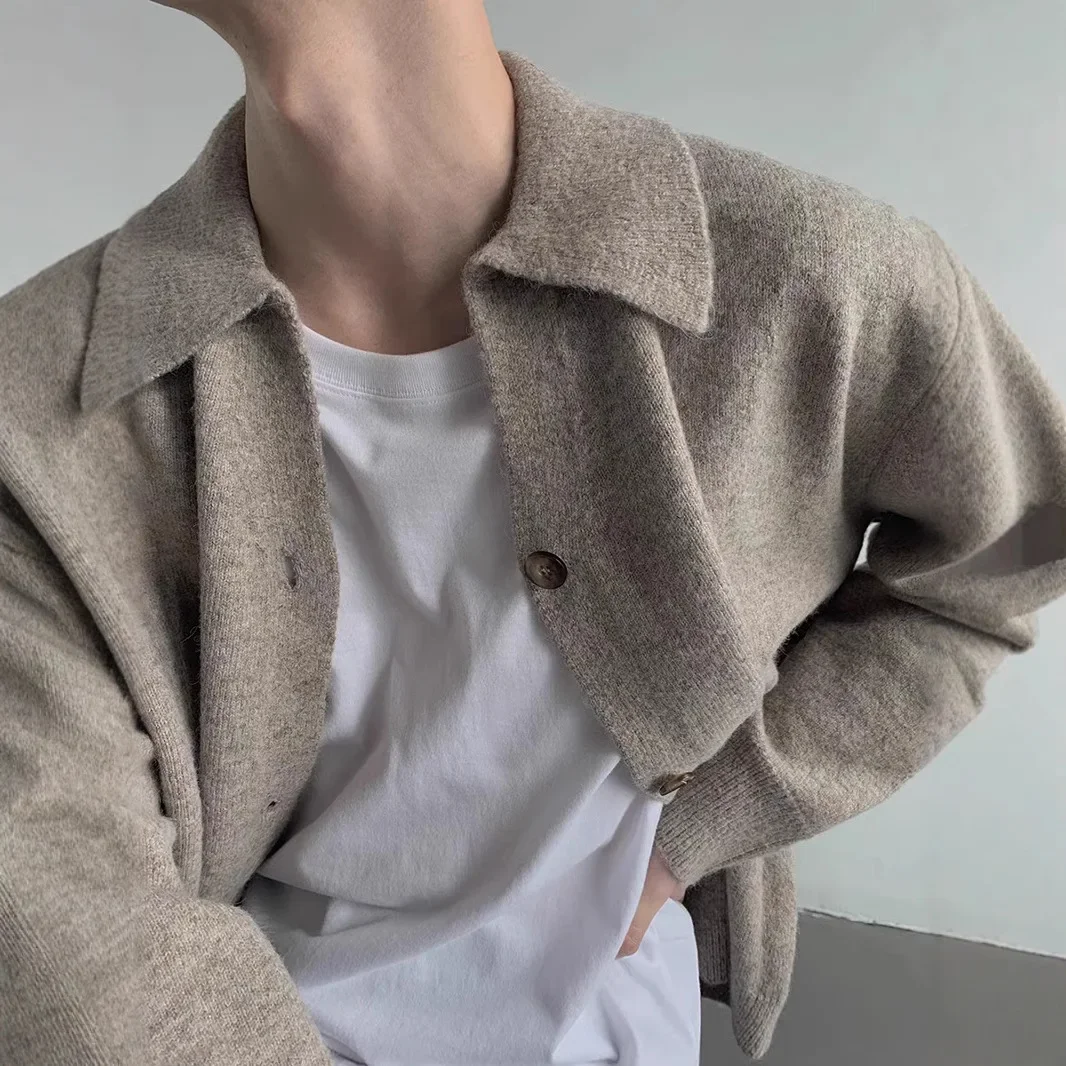 Мужской вязаный кардиган однотонная куртка свободного кроя с воротником поло и