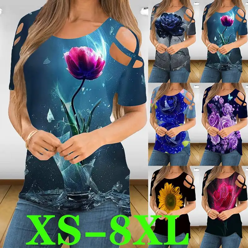 

Women's 2022 Loose Printed Short Sleeve Fashion Plus Size New Strapless Summer Casual T-Shirt XS-8XL