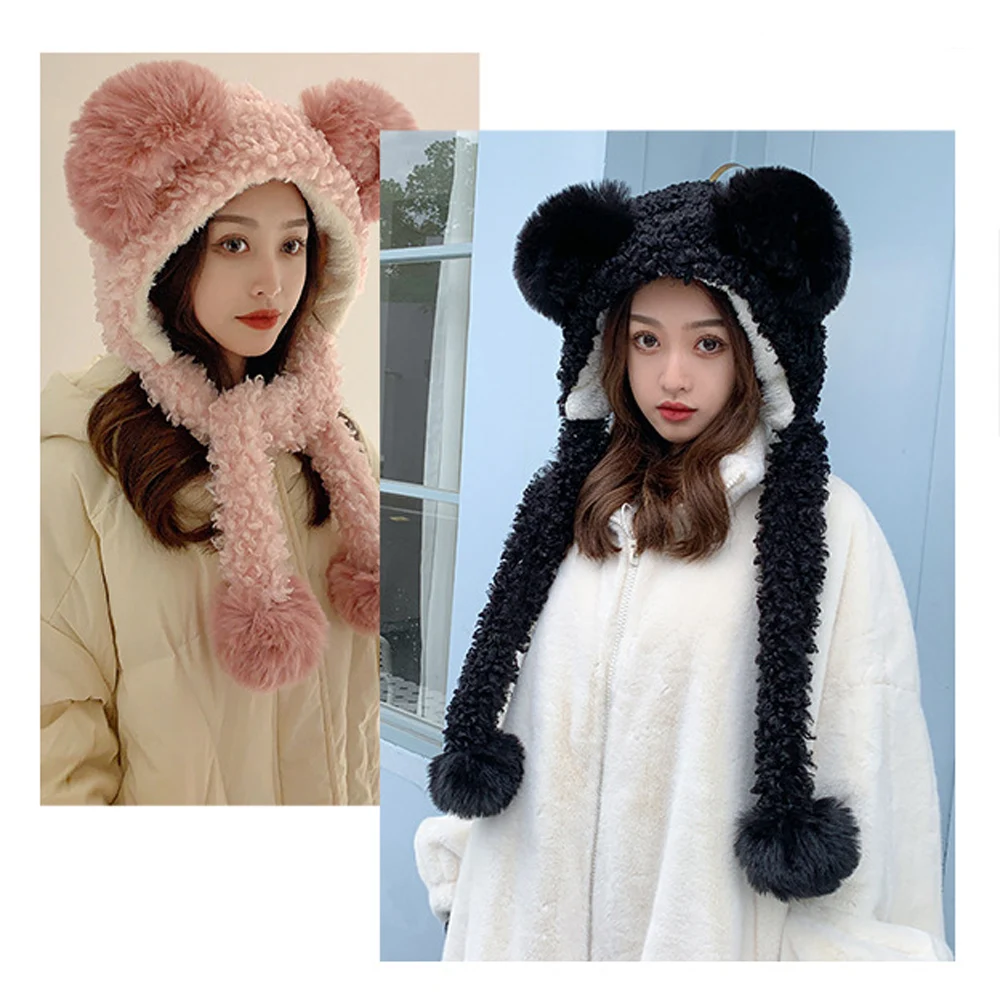 

Fashion Women Warm Winter Hat Plush Cute Bear Ears Solid Color Beanies Windproof Wool Protect Ear Cap Fashion Female 3+M6045#