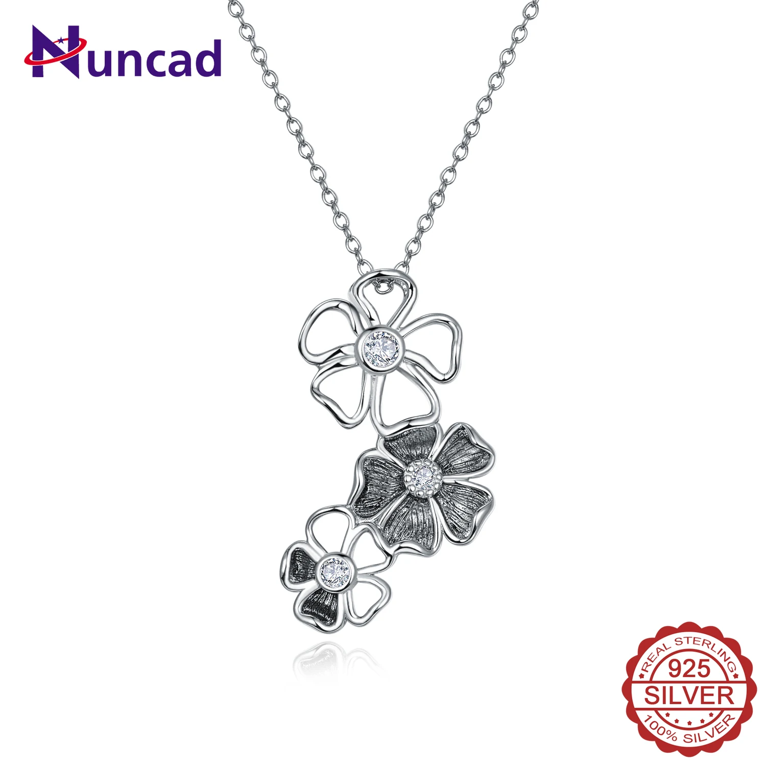 NUNCAD 925 Sterling Silver Pendant Necklace for Women Retro Flower Pattern Plated White Gold Women Wedding Gift Jewelry