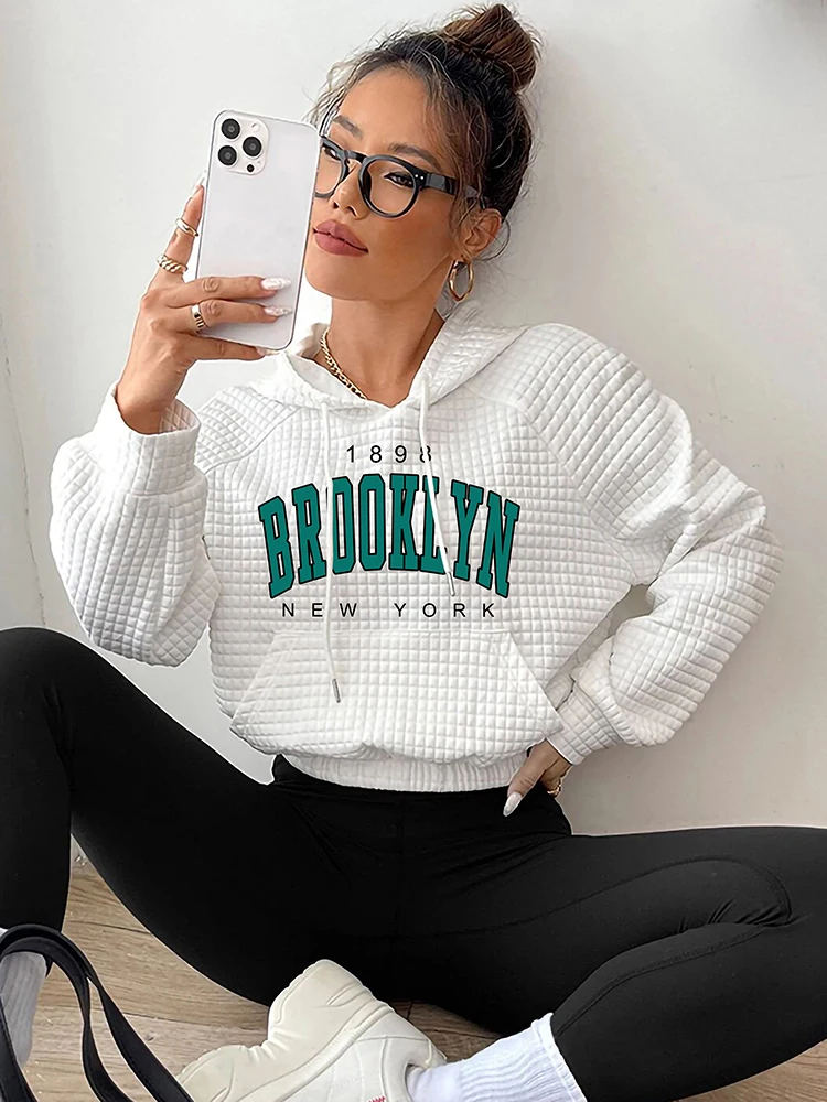 

Женская винтажная толстовка с капюшоном, вафельная толстовка с надписью Brooklyn New York, пуловер в стиле Харадзюку, Корейская уличная одежда, осе...