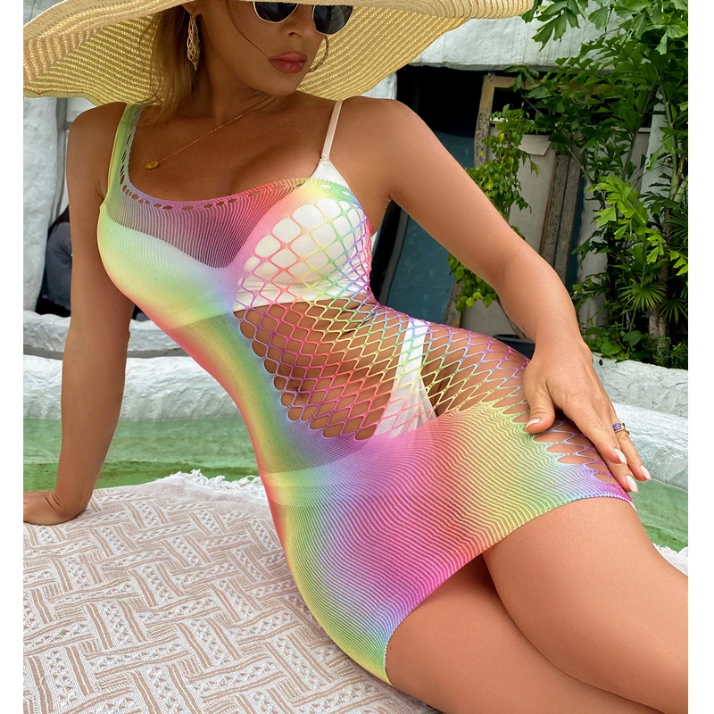 

Bikini Cover Up Sexy Sheer Mesh Rainbow Knitted Perspective Beach Cover Up Long Beach Dress Bathing Suit Beachwear Female CT013