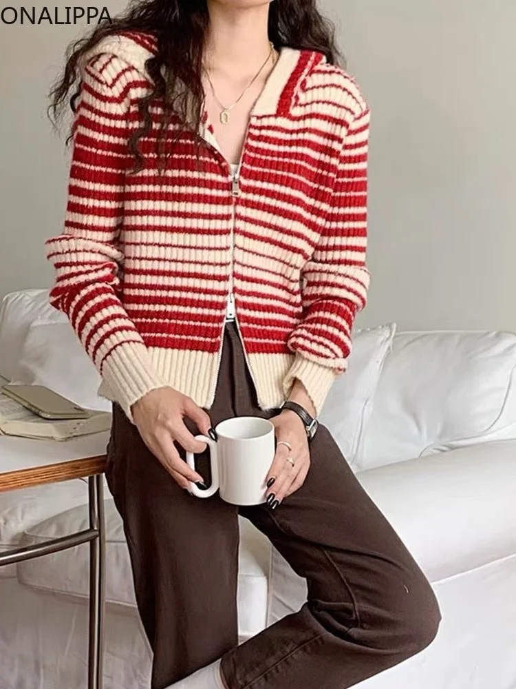 

Korean Fashion Hooded Striped Knitted Cardigan Preppy Style Double Zippers Sweet Sweater 2023 Fall New Women's Clothes