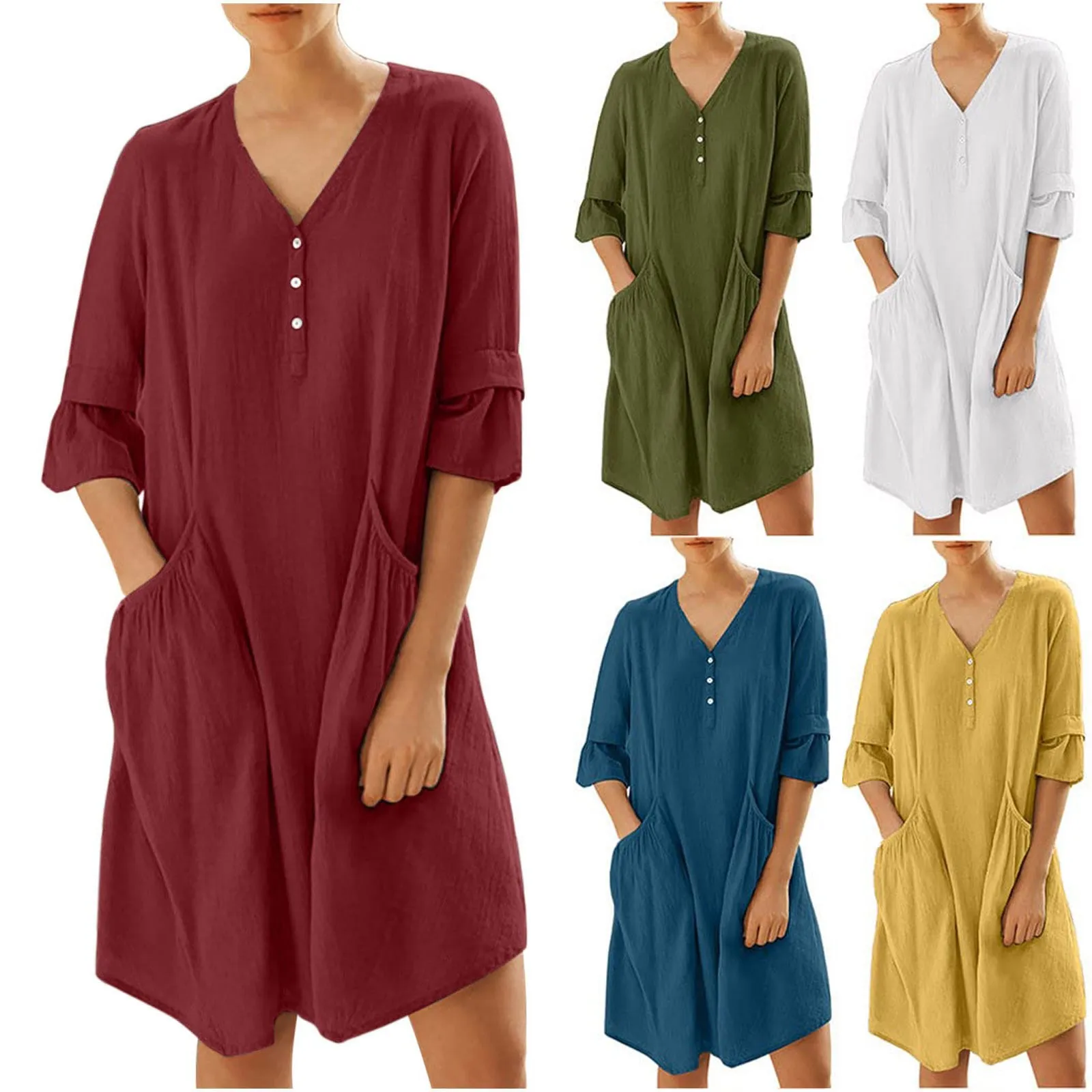 

Ladies Loose Cotton Linen Dress V-Neck Halfg Sleeve Solid Color Dress With Pocket For Women Robe Ete Femme 2023 Tendance платье