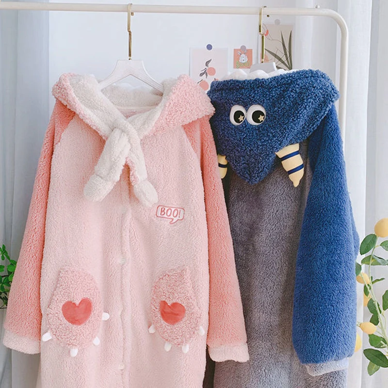 Plush Nightgowns Suit Women Men Long Sleeve Sleepwear Cartoon Animal Cosplay Pajamas Set Winter Flannel Sweet Hooded Sleepshirt
