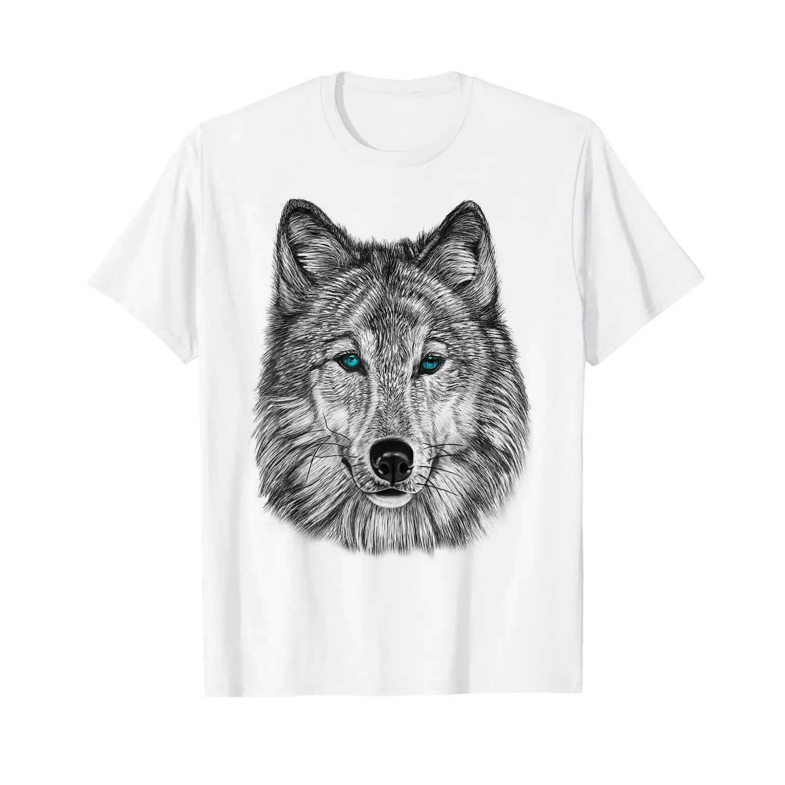 Фото Футболка с принтом «Бесстрашное око волка», черно-белая, винтажная, с эффектом потертости, слегка дышащая, модная, универсальная, стильная. №1