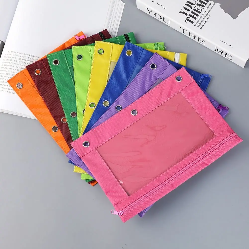 Pouch Portable Oxford Cloth Clear Window Pencil Case 3 Ring Binder Large Capacity Stationery Bag Students