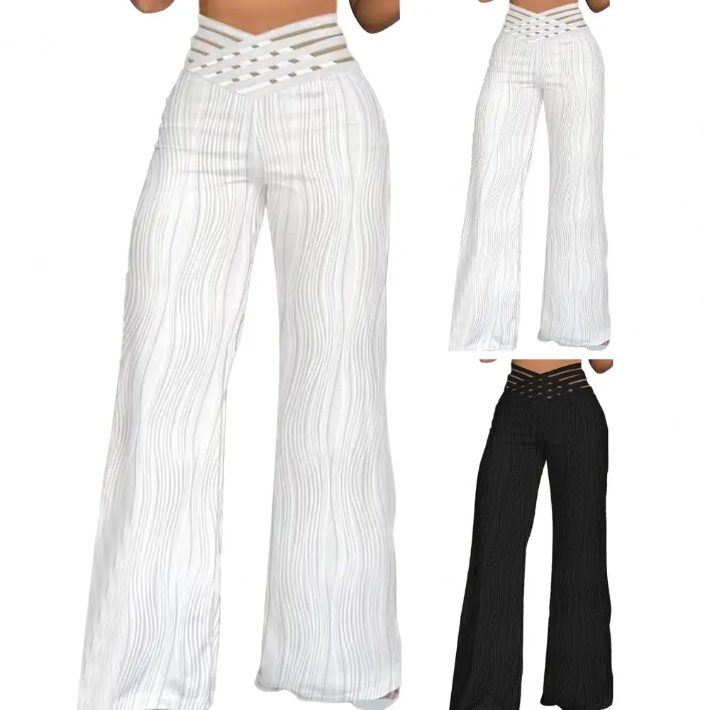 

Elegant High Waist Flared Pants for Women Overlap Waisted Textured Criss Cross Sheer Mesh Design Female Summer Work Trousers