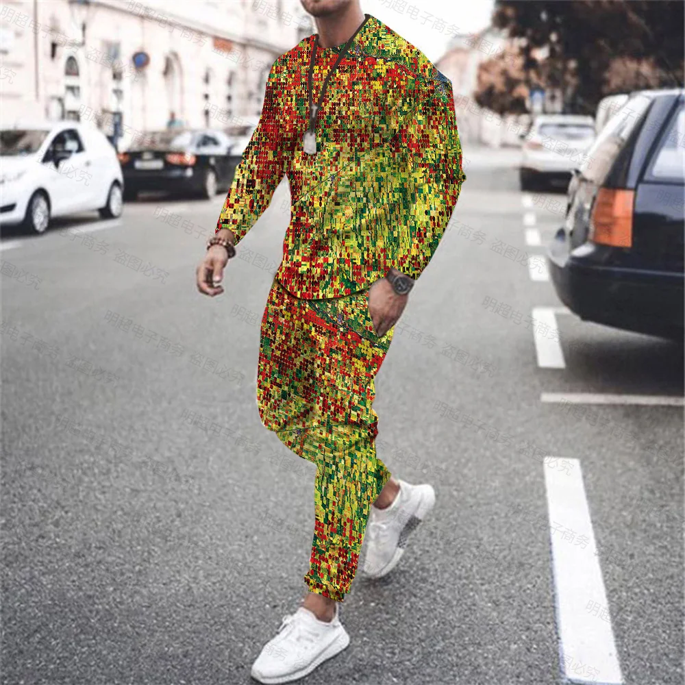 Autumn and Winter New Retro Oil Painting Grid Print Men's Sports Long Sleeve + Casual Fashion Trousers Fitness Plus Size Suit