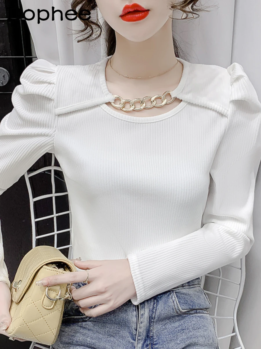 

French Chic Chain Puff Sleeve Knitted T-shirt Top for Women 2022 New Autumn Clothes Slim Fitted Long Sleeve White Tshirt Female