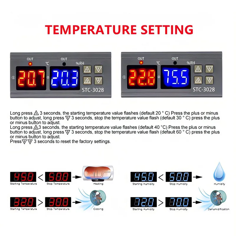 STC-3028 двойной цифровой термостат температура DC 12V 24V контроль влажности C/F с двумя
