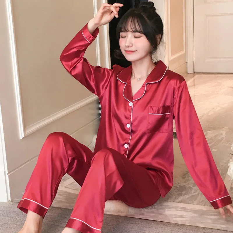 Plus Size 5XL Women's Pajamas Set Satin Silk Sleepwear Turn-down Collar 2 Pieces Pijima Casual Soft Loungewear Home Clothes 2022