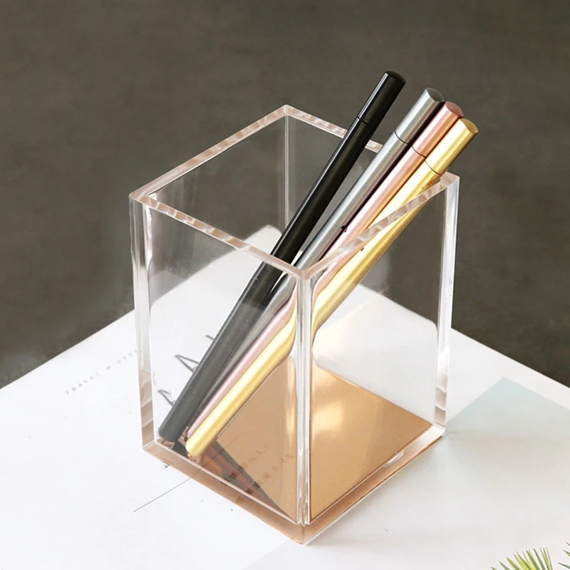 

2 Packs Acrylic Pencil and Pen Holder Gold Desktop Stationery Organizer Office Desk Accessory Makeup Brush Storage Brush Bucket