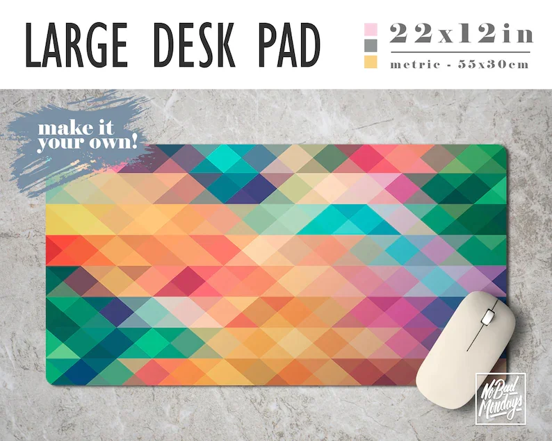 

Colorful Triangles Print Desk Mat with Available Custom Monogram - 2 Sizes - High Quality Digital Print, Extended Mouse Pad - De