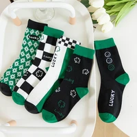 lattice tube socks skateboard fashion cotton soft four eyed smiley hip hop trend man socks green alphabet checkerboard movement