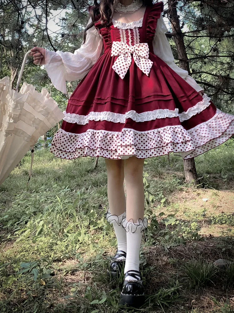 

KIMOKOKM Kawaii Sweet Girl Lolita Style Square Collar JSK Ruffles Color Contrast Bow Sleeveless Dot Splicing Mini Camisole Dress