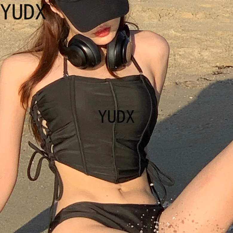 

Новинка, однотонные Соблазнительные бикини из Южной Кореи, бикини с разрезом, на бретельках, с открытой спиной, с пуш-ап, со шнуровкой, лидер продаж, весенний купальник