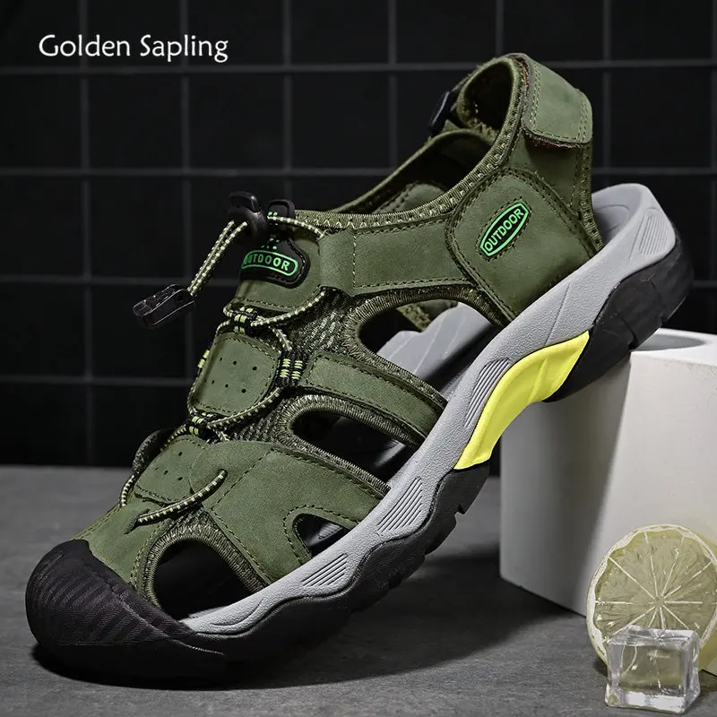 

Golden Sapling Tactical Shoes Summer Men's Sandals Genuine Leather Flat Fashion Men Outdoor Sandal Retro Leisure Army Green Shoe