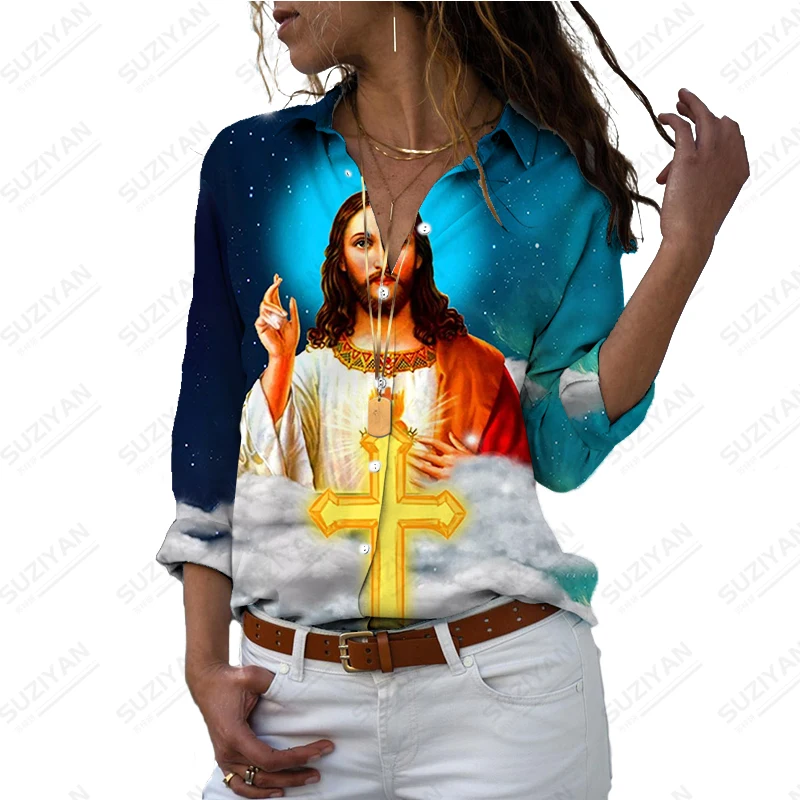 

Summer Ladies Fashion Shirts Christian 3D Printing Long Sleeve Shirts Loose Casual Shirts Ladies Plus Size Clothing