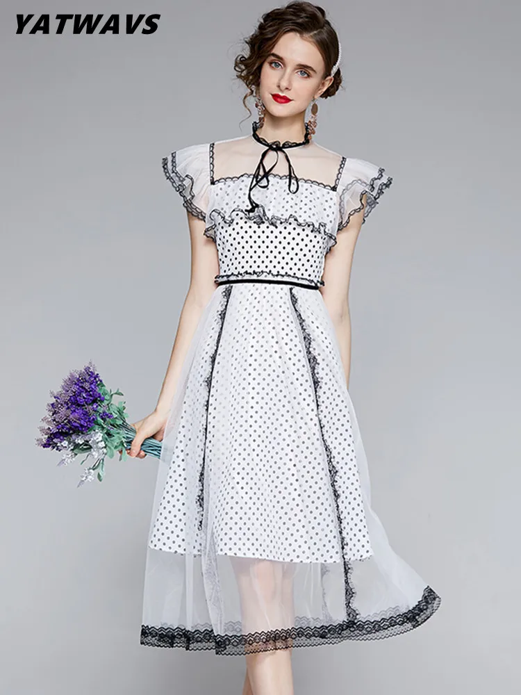 

Женское винтажное Сетчатое платье миди, модельное дизайнерское элегантное облегающее платье-трапеция с принтом в горошек и кружевом в стил...