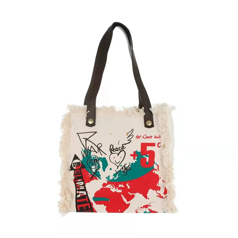 

Africa Collection Map Tote Bag Raw Edge Large Capacity Canvas Shopping Bag