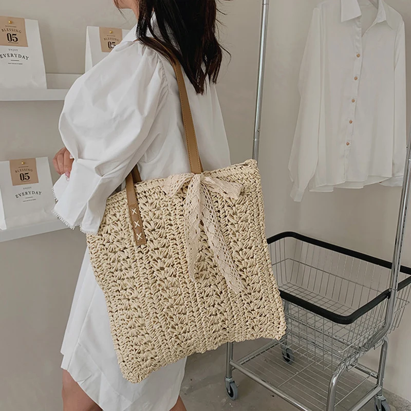 Большие плечевые сумки в стиле бохо для женщин, ручной работы из соломы, сумка-торба для путешествий и покупок, женская сумка.