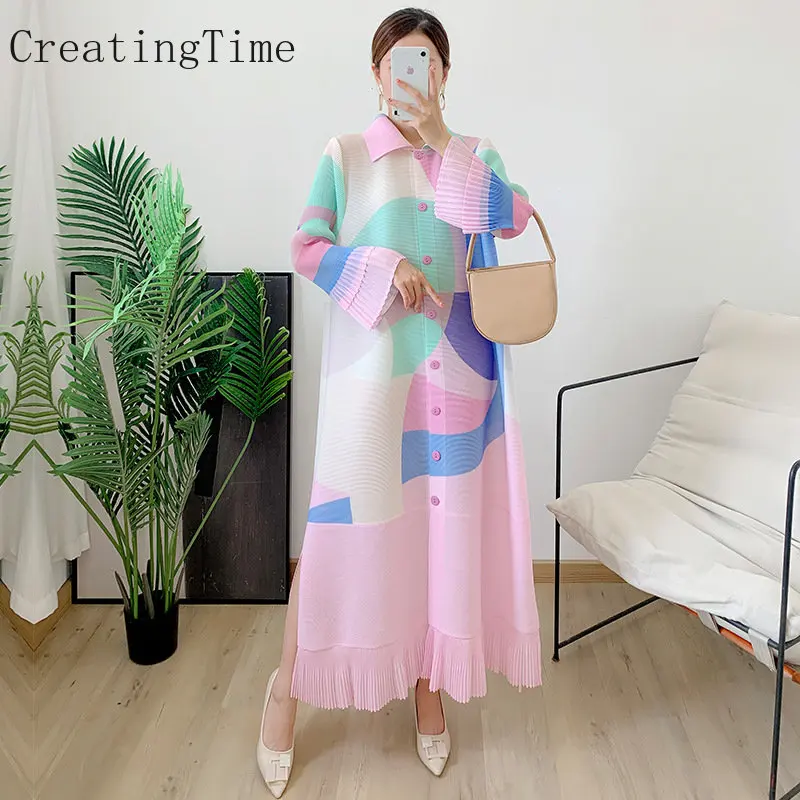 Women's Pleated Print Dress Long Section 2023 Spring New Style Breasted Lapel Cardigan Loose Pink Festival Female Clothing LH928