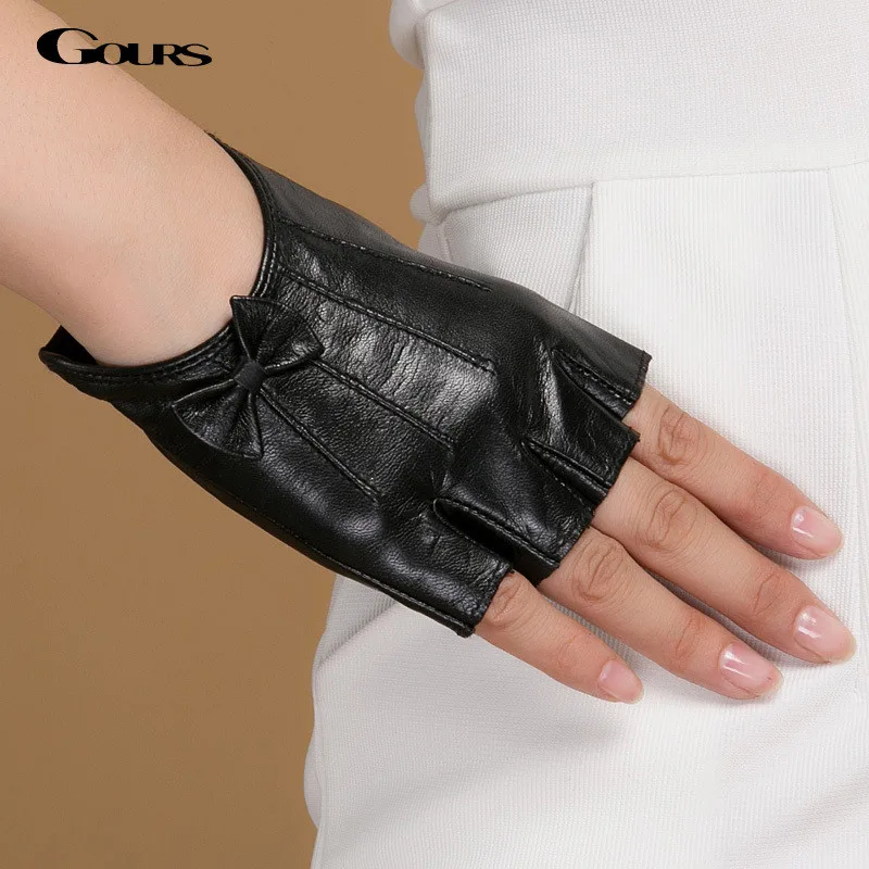 Gours Fall and Winter Genuine Leather Gloves for Women Black Goatskin Half-finger Bow Gloves New Fashion Brand Warm GSL046