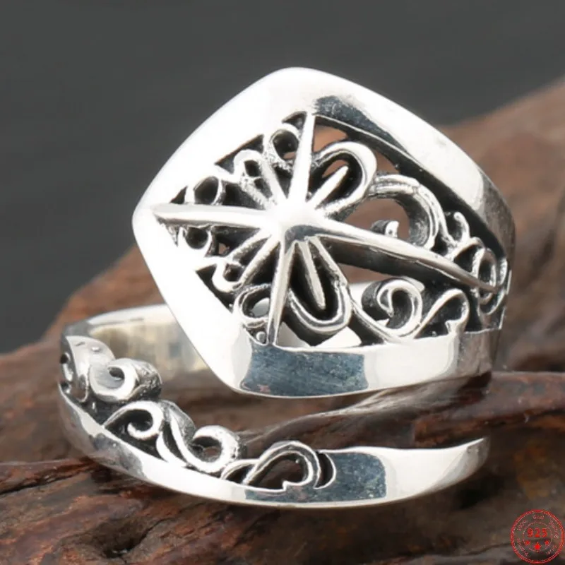 

S925 Sterling Silver Rings 2022 New Fashion Hollow Eternal Vine Cross Awn-star Argentum Viking Jewelry Amulet for Men Women