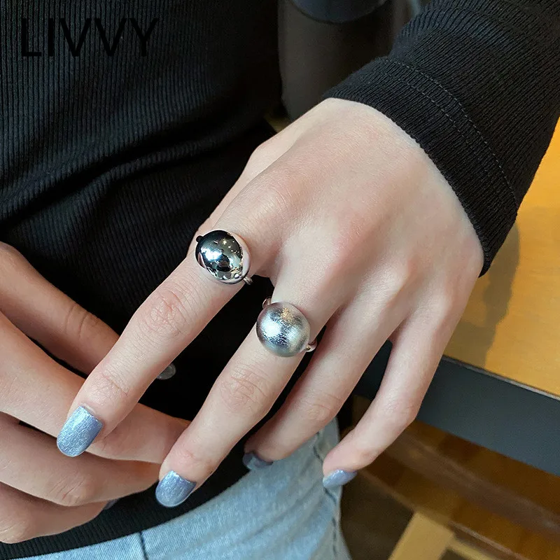 

LIVVY Silver Color Fashion Creative Frosted Hemisphere Adjustable Ring for Women Simple Handmade Party Jewelry Accessories