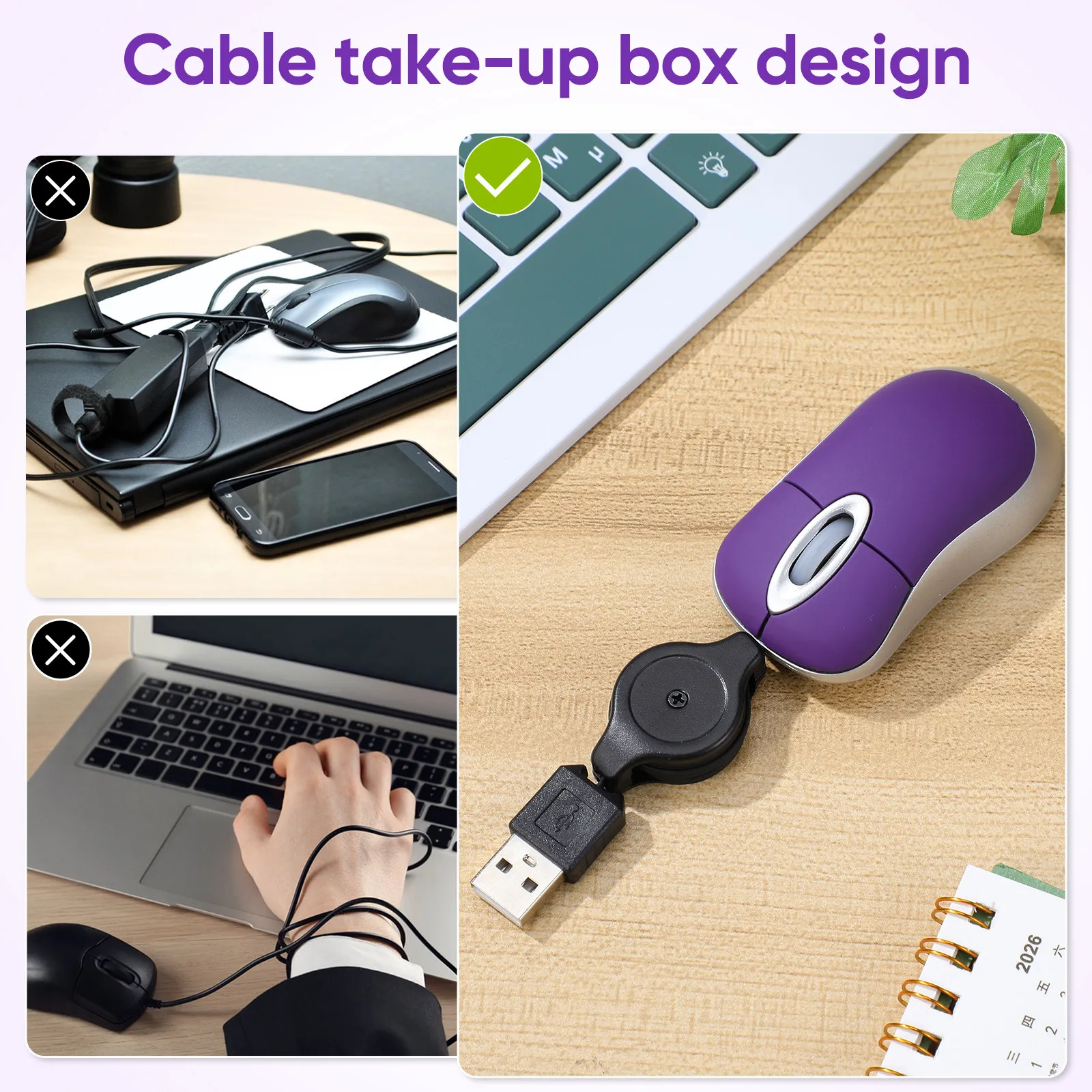 Портативная мини-мышь USB, телескопическая, фиолетовая, оптическая, 1000DPI, бесшумная, проводная, для компьютера, ноутбука, офиса, дома и работы (art.: 3920d85ebadab) - 3920d85ebadab