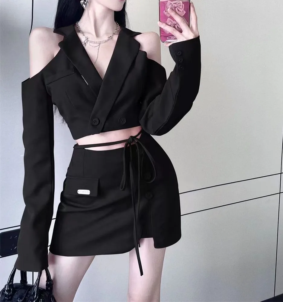 

Женский офисный короткий Блейзер 2023, Женский Повседневный облегающий костюм из двух предметов с юбкой мини с высокой талией и разрезом, 2 шт.