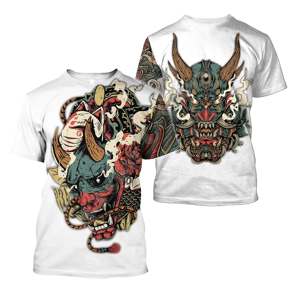 

2023 Japanese Style Harajuku Samurai Tattoo Men's T-shirt 3d Printing Art Mask Fashion Short-sleeved T-shirt Tattoo Punk Women
