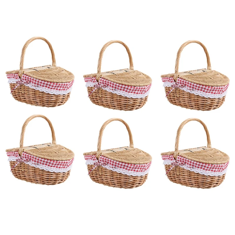 6X Country Style Wicker Picnic Basket Hamper With Lid And Handle & Liners For Picnics, Parties And Bbqs